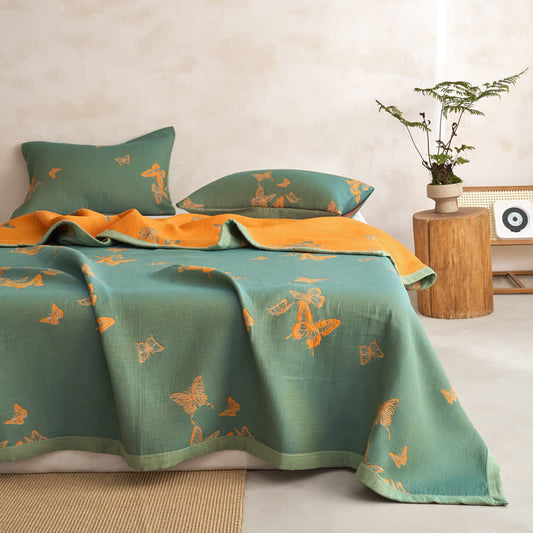 Elegant Butterfly Print Cotton Quilt - Green & Yellow - Quilt with 2PCS Pillowcases - Cal King - image 0