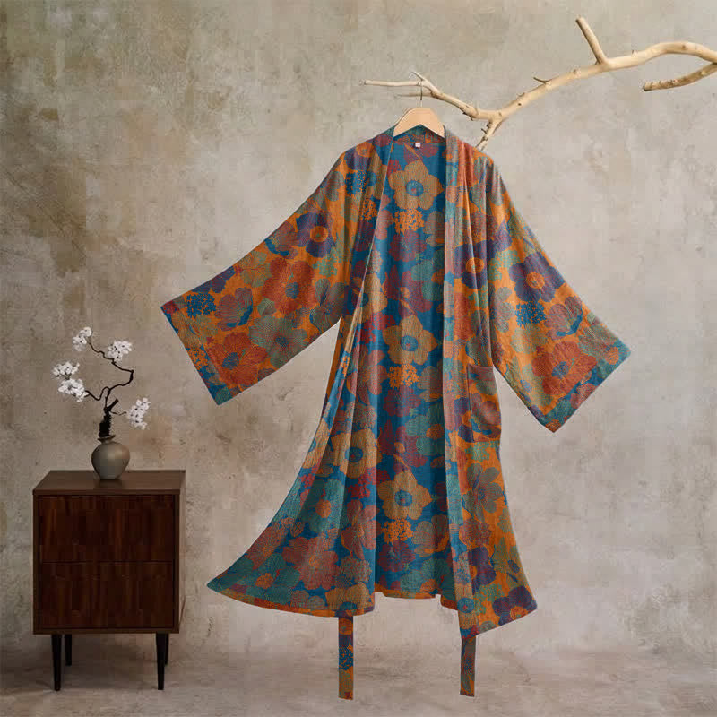 Vintage Flower Cotton Kimono Robe - Orange - XL - image 0