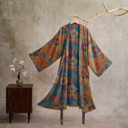 Vintage Flower Cotton Kimono Robe - Orange - XL - image 0