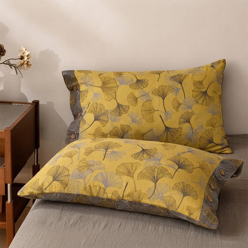 Golden Ginkgo Leaf Cotton Bedding Set - Yellow - 2PCS Pillowcases - 40" x 20" - image 3