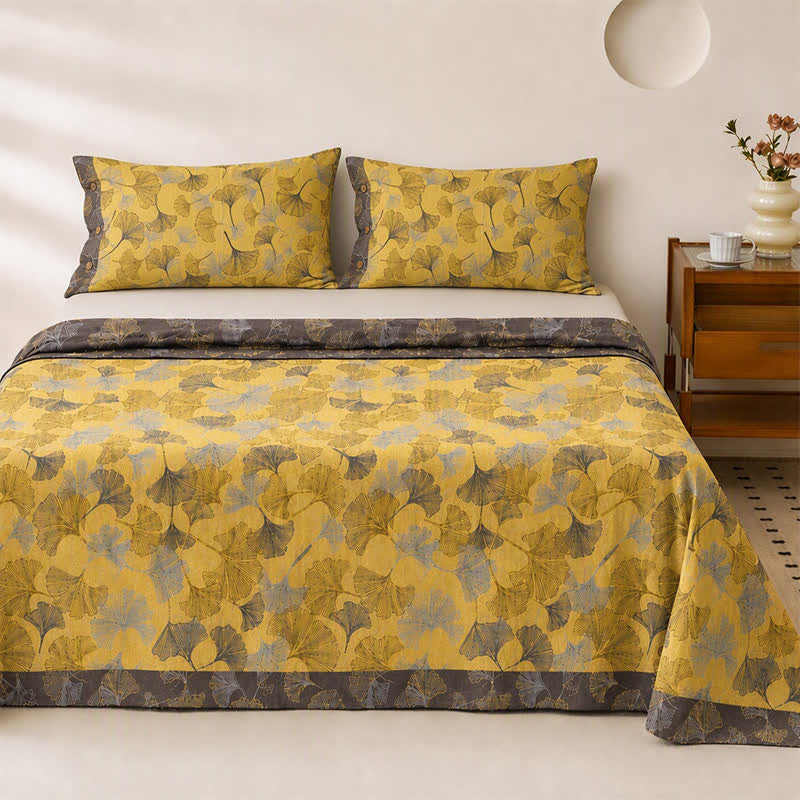 Golden Ginkgo Leaf Cotton Bedding Set - Yellow - Bedspread with 2PCS Pillowcases - King - image 1
