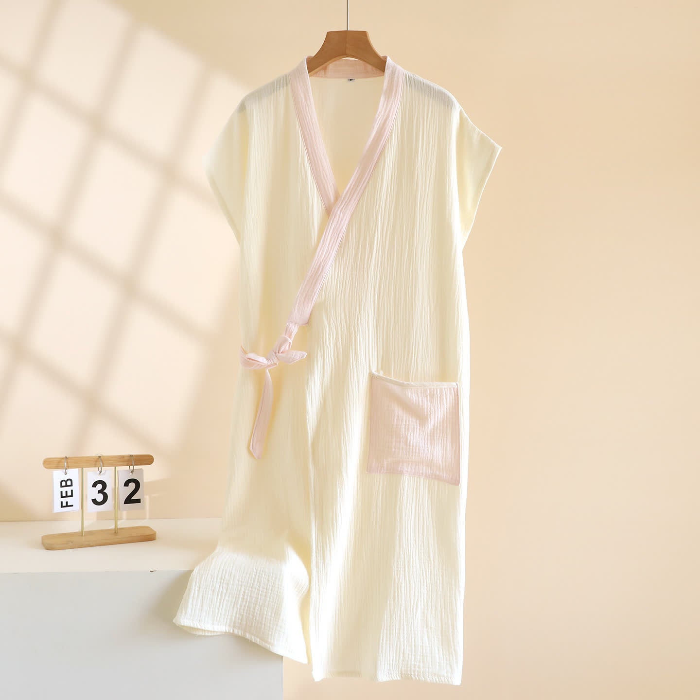 Minimalist Cotton Kimono Wrap Homewear Robe - Beige - Women XL - image 12