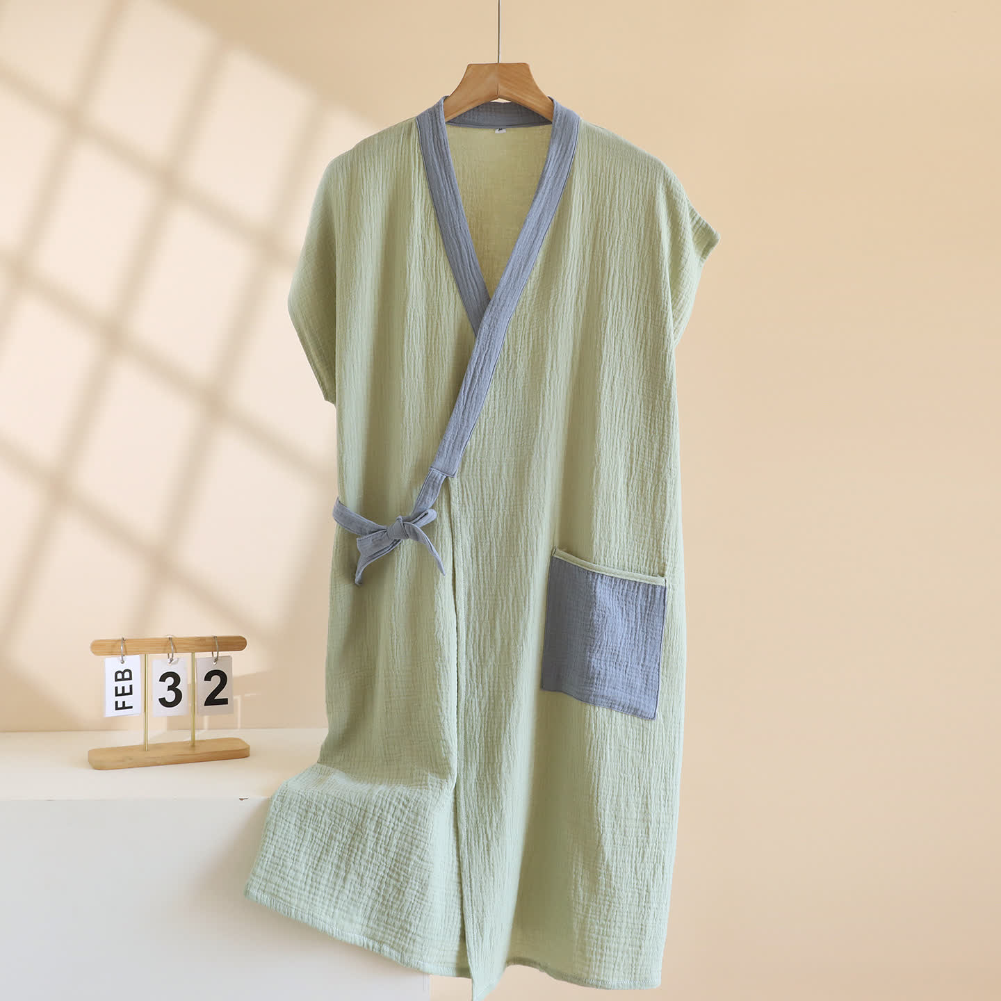 Minimalist Cotton Kimono Wrap Homewear Robe - Green - Men XL - image 13