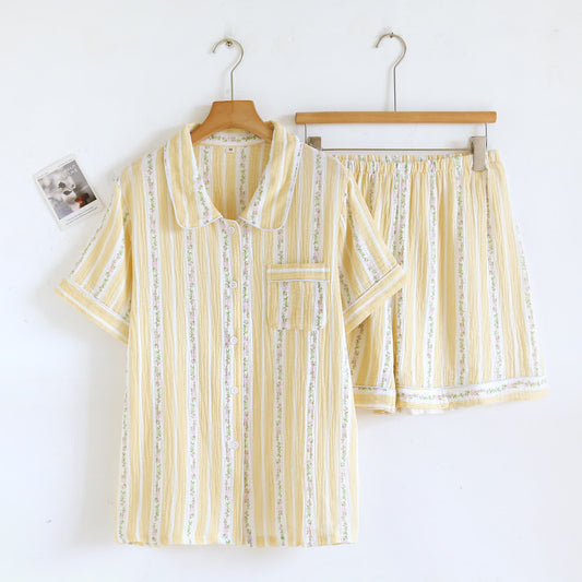 Floral Stripe Button Front Loungewear Set - Yellow - XL - image 0