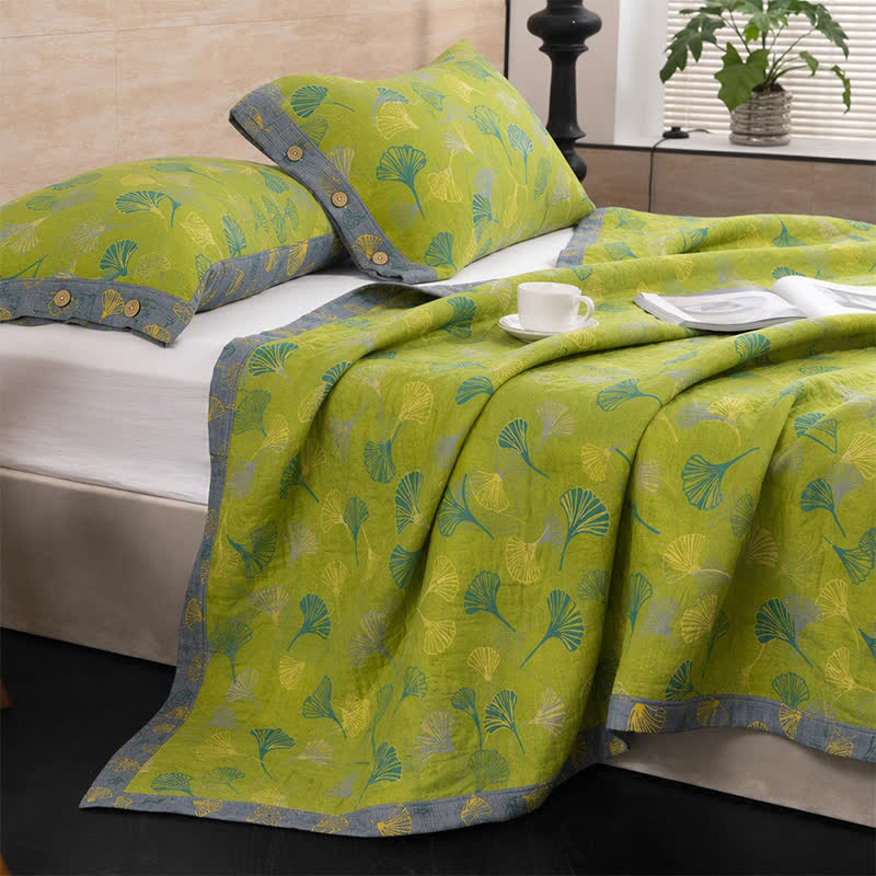 Vintage Green Ginkgo Leaf Cotton Bedspread Set - image 4