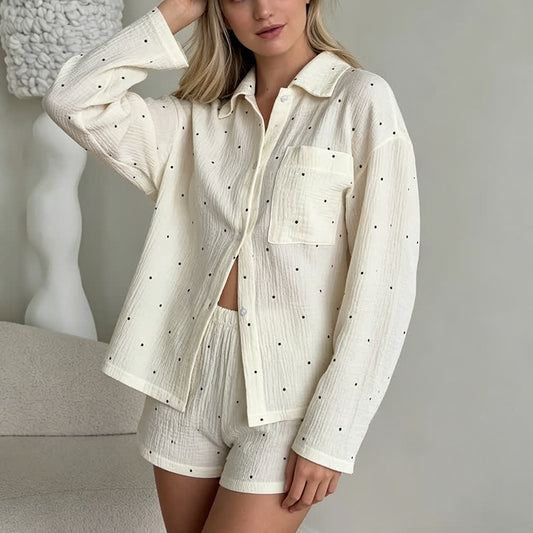 Collared Dot Print Cotton Pajama Set - Beige - L - image 0