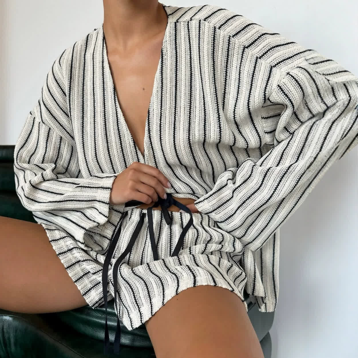 Effortless Stripe Cotton Wrap Resort Loungewear Set - Black - L - image 0