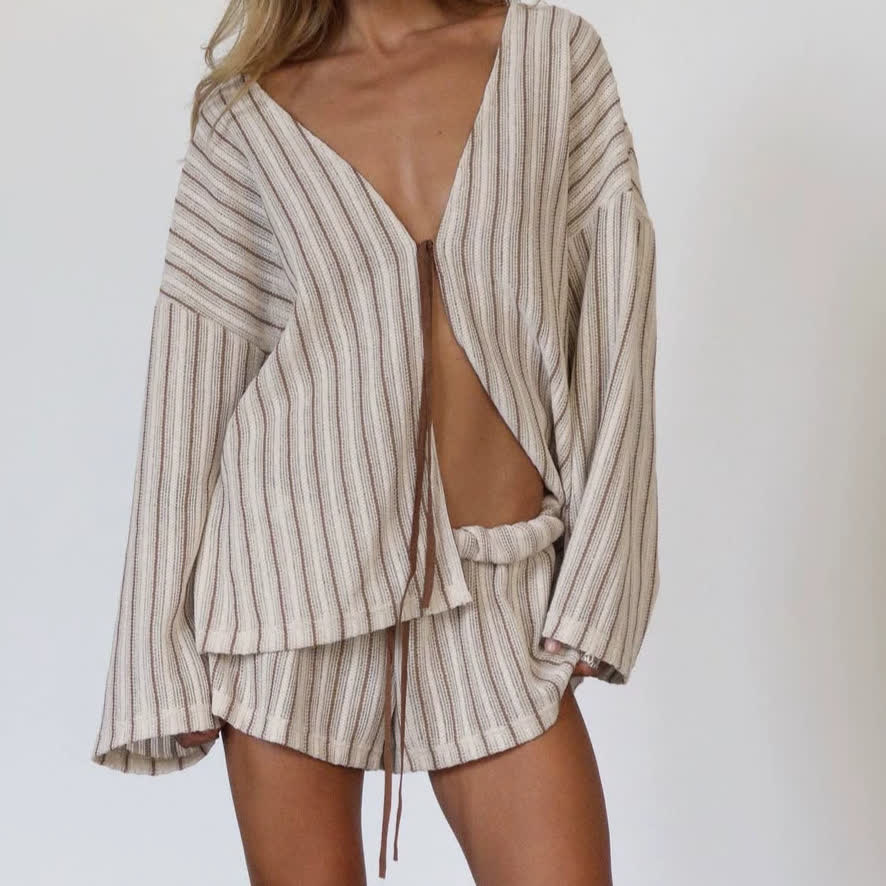 Effortless Stripe Cotton Wrap Resort Loungewear Set - Brown - L - image 2