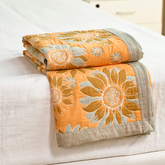 Vintage Orange Sunflower Cotton Blanket - Orange - 98" x 94" - image 0