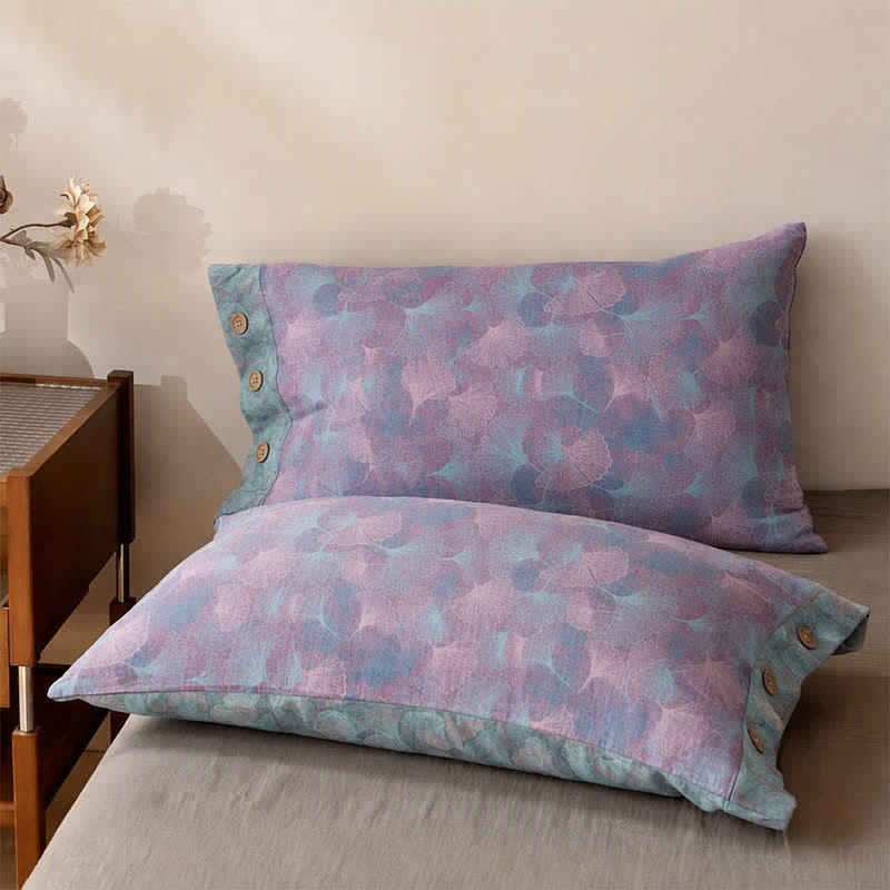 Muted Vintage Ginkgo Leaf Cotton Bedding Set - Purple - 2PCS Pillowcases - 40" x 20" - image 2
