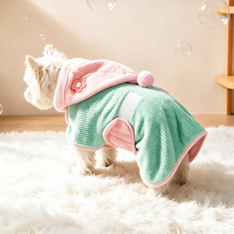 Mint‑Green Pink Contrast Flower Dog Bathrobe - image 1