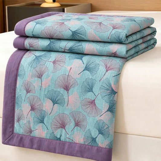 Retro Botanical Ginkgo Leaf Cotton Blanket - Blue - 98" x 94" - Blanket - image 0