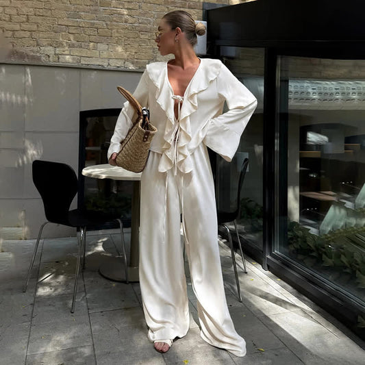 Romantic Ruffle Tie‑Front Loungewear Set - Beige - L - image 0