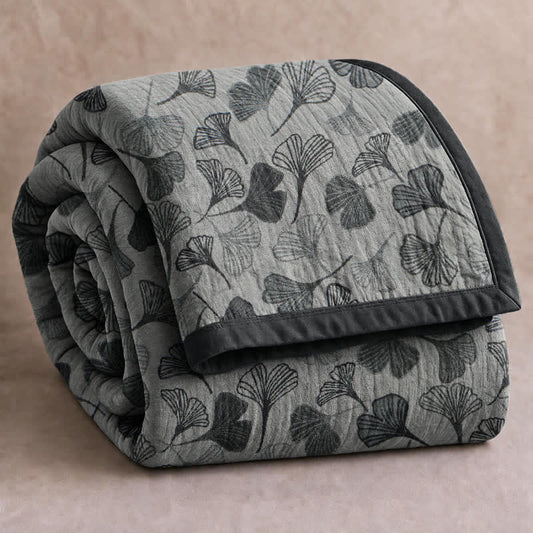 Grey‑Black Ginkgo Leaf Cotton Blanket - Light Gray - 90" x 92" - image 0