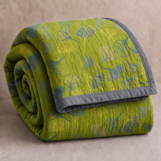 Green‑Gray Ginkgo Leaf Cotton Blanket - Green - 90" x 92" - image 0