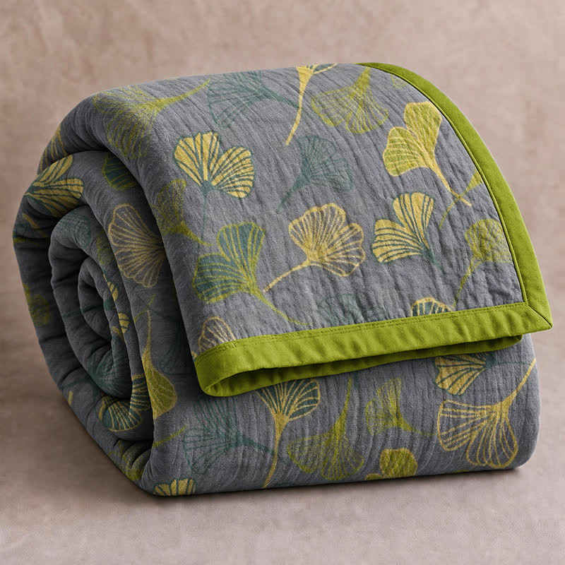 Green‑Gray Ginkgo Leaf Cotton Blanket - Light Gray - 90" x 92" - image 6