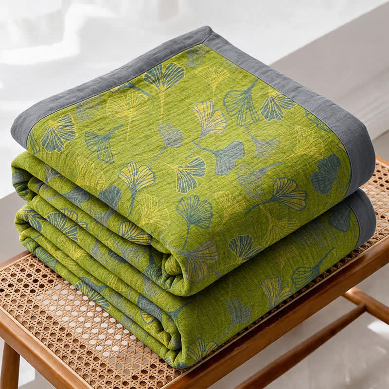 Green‑Gray Ginkgo Leaf Cotton Blanket - image 1