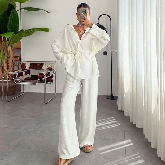 Solid Color Textured Crinkle Loungewear Set - White - L - image 0