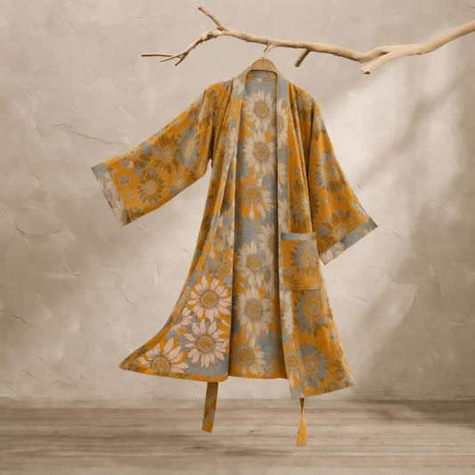 Vintage Sunflower Cotton Kimono Bathrobe - Orange - 2XL - image 0