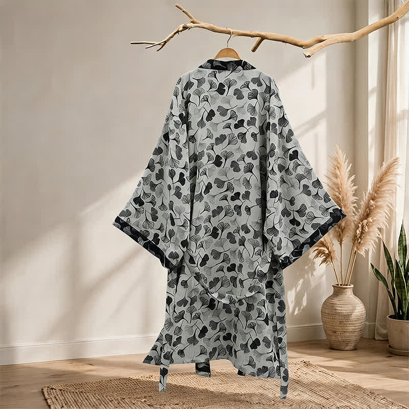 Black White Ginkgo Leaf Cotton Kimono Robe - image 6