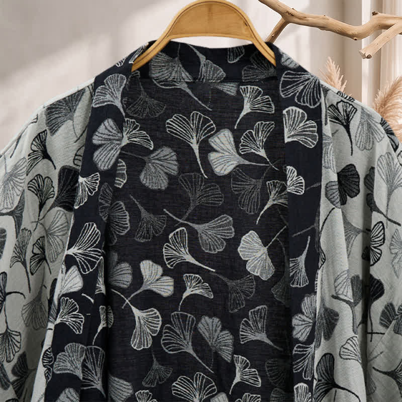 Black White Ginkgo Leaf Cotton Kimono Robe - image 7
