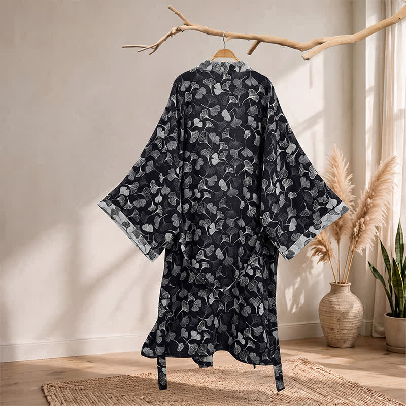 Black White Ginkgo Leaf Cotton Kimono Robe - image 1