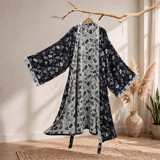 Black White Ginkgo Leaf Cotton Kimono Robe - Black - 2XL - image 0