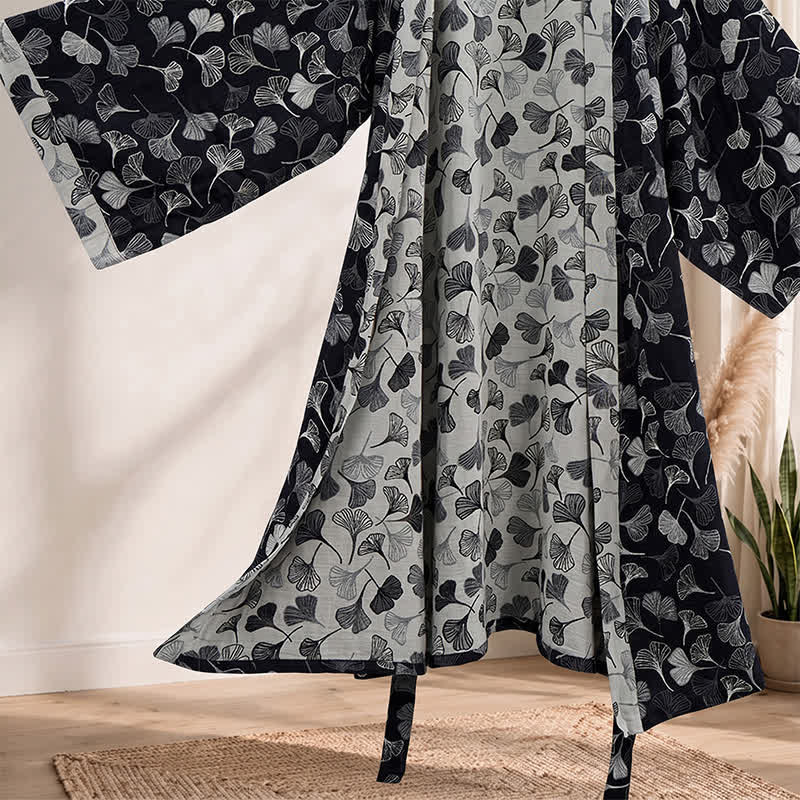 Black White Ginkgo Leaf Cotton Kimono Robe - image 4
