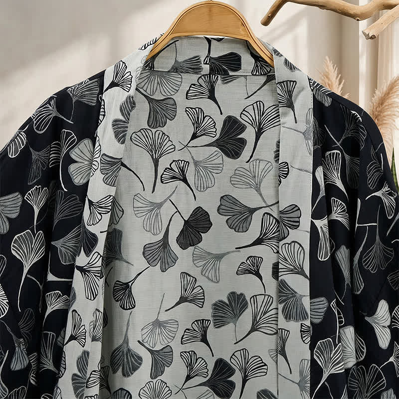 Black White Ginkgo Leaf Cotton Kimono Robe - image 2