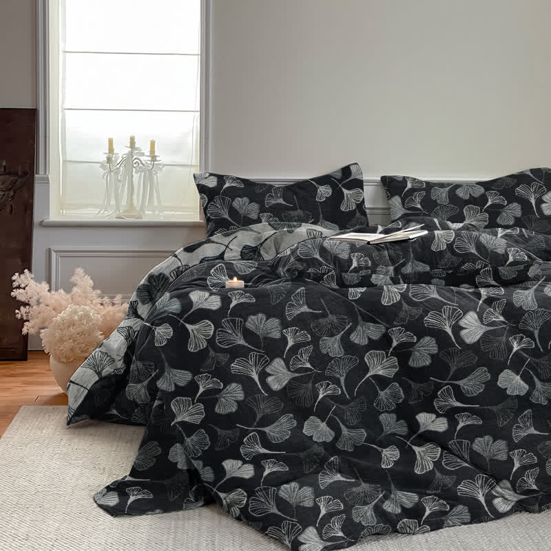 Vintage Black Ginkgo Leaf Reversible Cotton Bedding Set - image 6