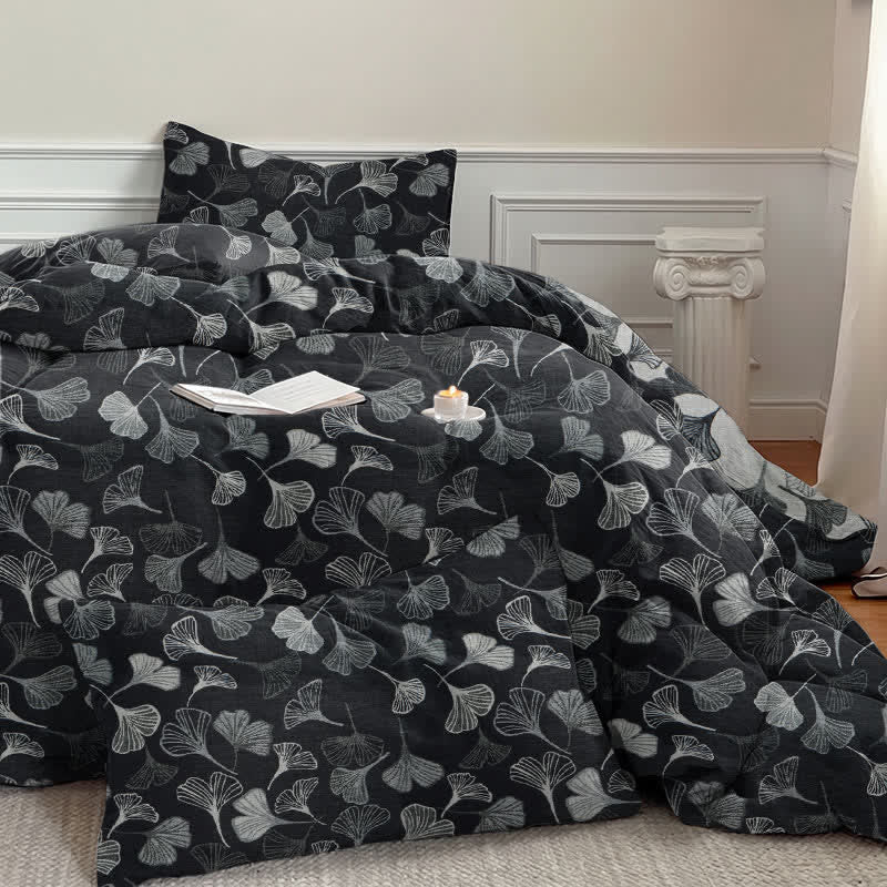 Vintage Black Ginkgo Leaf Reversible Cotton Bedding Set - image 3