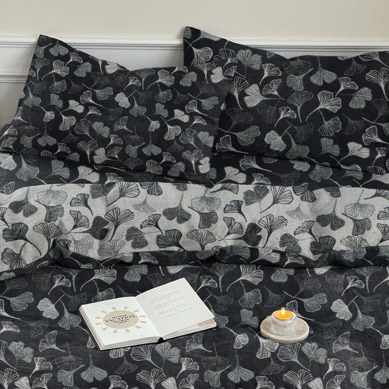 Vintage Black Ginkgo Leaf Reversible Cotton Bedding Set - image 7