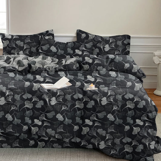 Vintage Black Ginkgo Leaf Reversible Cotton Bedding Set - Black - 2PCS Pillowcases - 20" x 37" - image 0