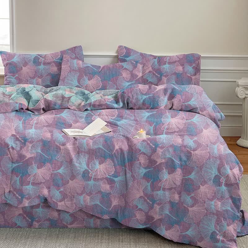 Retro Botanical Ginkgo Leaf Cotton Bedding Set - Purple - King - Bedding Set(4PCS) - image 8