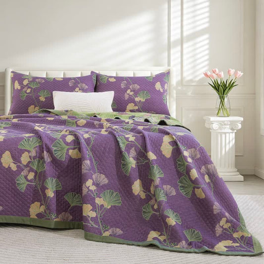 Artistic Ginkgo Leaf Cotton Gauze Blanket - Purple - 90" x 92" - image 0