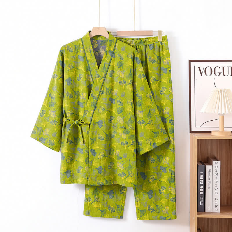 Ginkgo Leaf Cotton Kimono Lounge Pajama Set - Green - XL - image 0