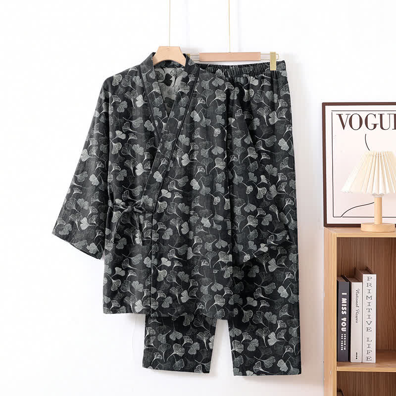 Ginkgo Leaf Cotton Long‑Sleeve Loungewear Set - Black - XL - image 0