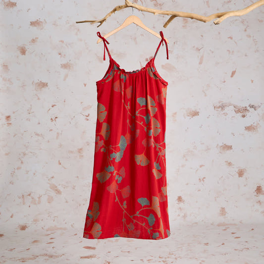 Ginkgo Leaf Tie Strap Maxi Lounge Dress - Red & Green - L - image 0