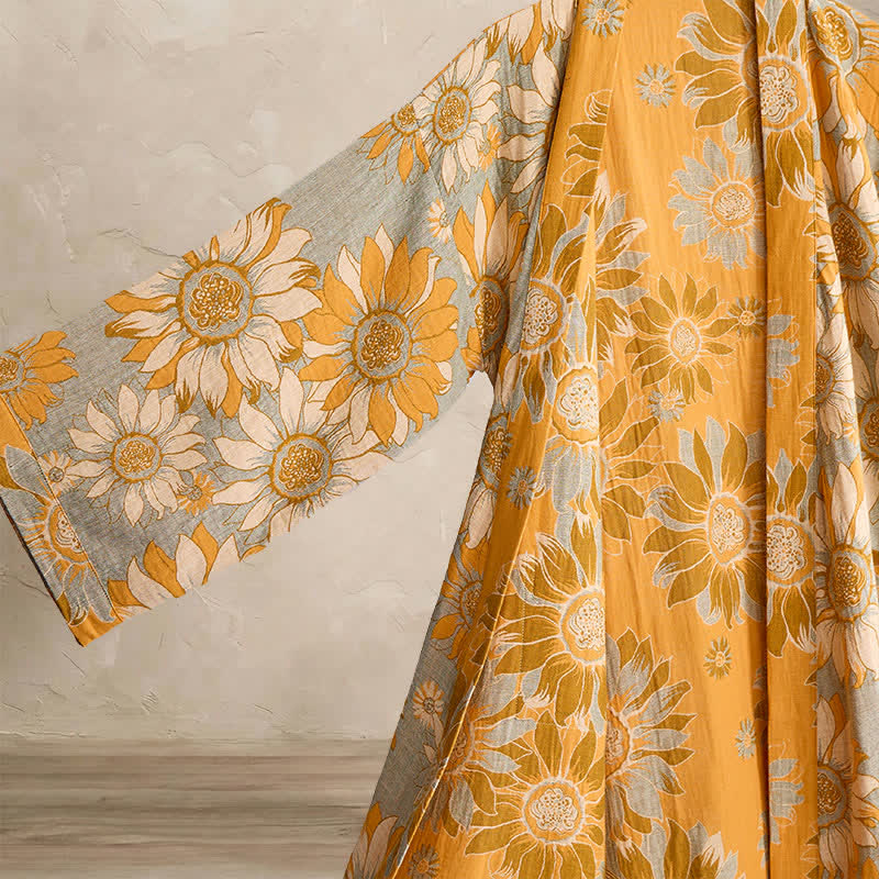 Vintage Sunflower Cotton Kimono Bathrobe - image 10