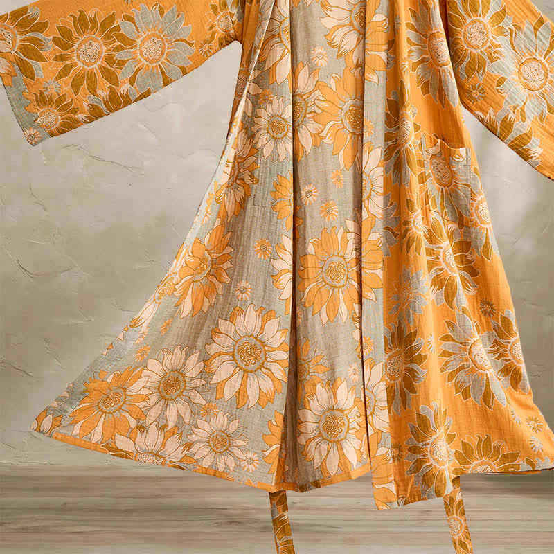 Vintage Sunflower Cotton Kimono Bathrobe - image 2