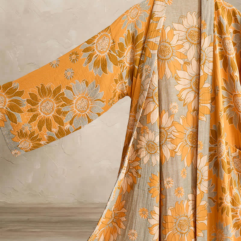 Vintage Sunflower Cotton Kimono Bathrobe - image 3
