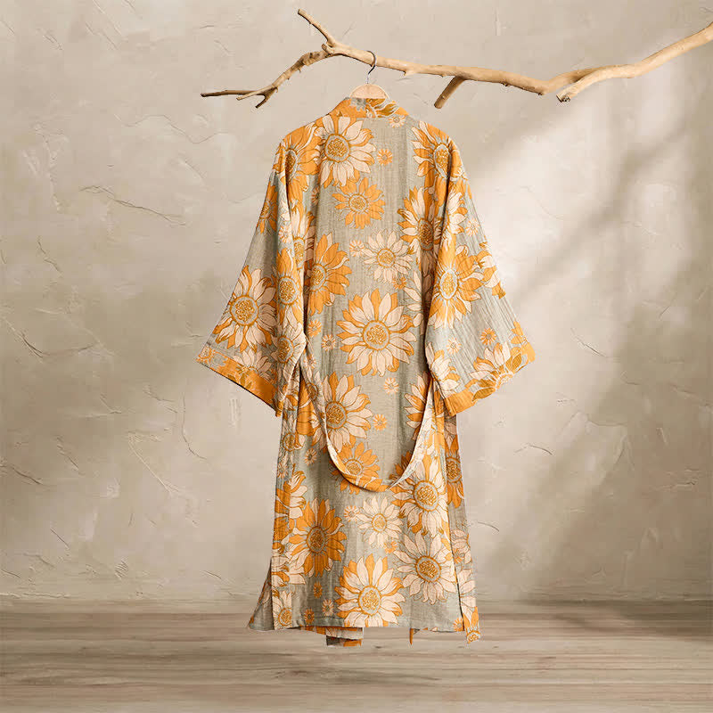 Vintage Sunflower Cotton Kimono Bathrobe - image 8