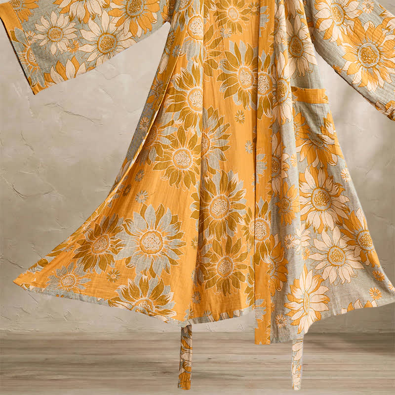 Vintage Sunflower Cotton Kimono Bathrobe - image 9