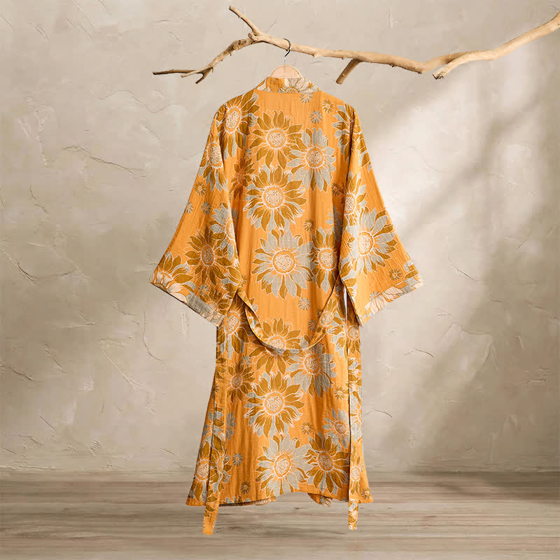 Vintage Sunflower Cotton Kimono Bathrobe - image 1