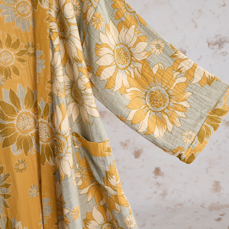 Vintage Sunflower Cotton Kimono Bathrobe - image 11
