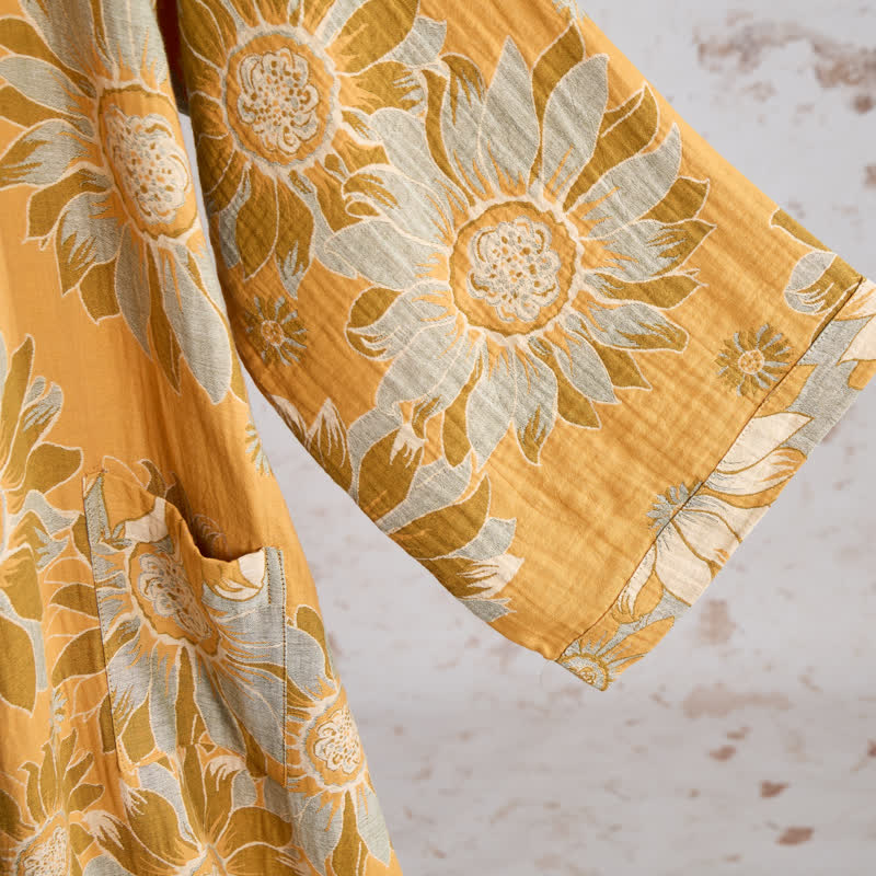 Vintage Sunflower Cotton Kimono Bathrobe - image 4