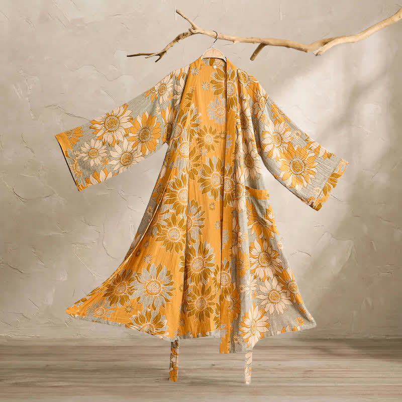 Vintage Sunflower Cotton Kimono Bathrobe - Grey - 2XL - image 7