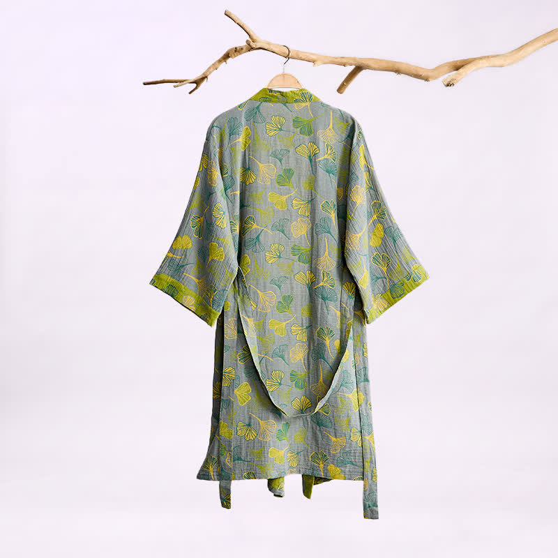 Green Gray Ginkgo Leaf Cotton Kimono Robe - image 5
