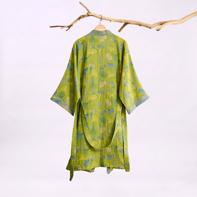 Green Gray Ginkgo Leaf Cotton Kimono Robe - image 1