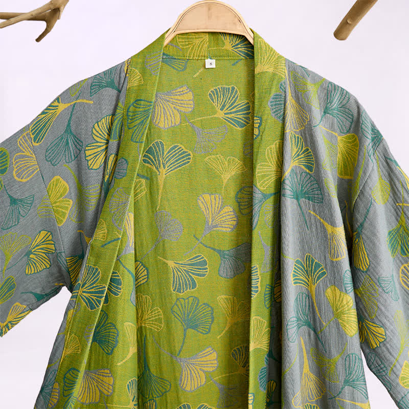 Green Gray Ginkgo Leaf Cotton Kimono Robe - image 6